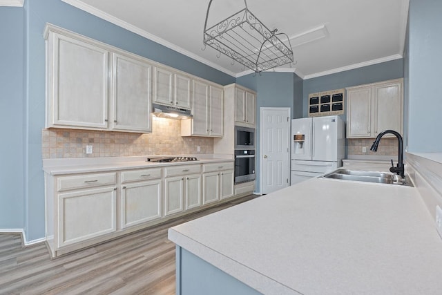 15835 Garrison Cir, Austin, TX 78717 - kitchen featuring stainless steel appliances, a sink, under cabinet range hood, light wood-style floors, and ornamental molding