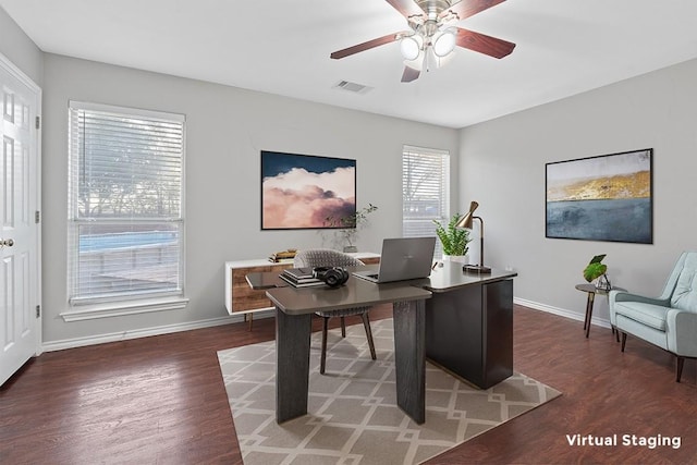 office space with wood finished floors, visible vents, ceiling fan, and baseboards