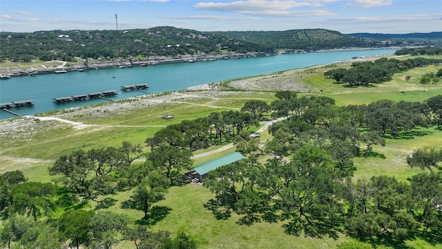 aerial view featuring a water view