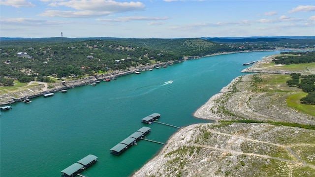 drone / aerial view with a water view