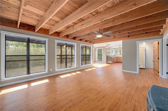 unfurnished living room featuring wood ceiling, beamed ceiling, baseboards, light wood finished floors, and a ceiling fan