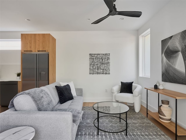 7516 Northcrest Blvd Unit B, Austin, TX 78752 - living room with wood finished floors, healthy amount of natural light, baseboards, a ceiling fan, and recessed lighting