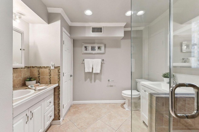 7067 Comanche Trl, Austin, TX 78732 - full bath featuring vanity, tile patterned flooring, a stall shower, toilet, and ornamental molding