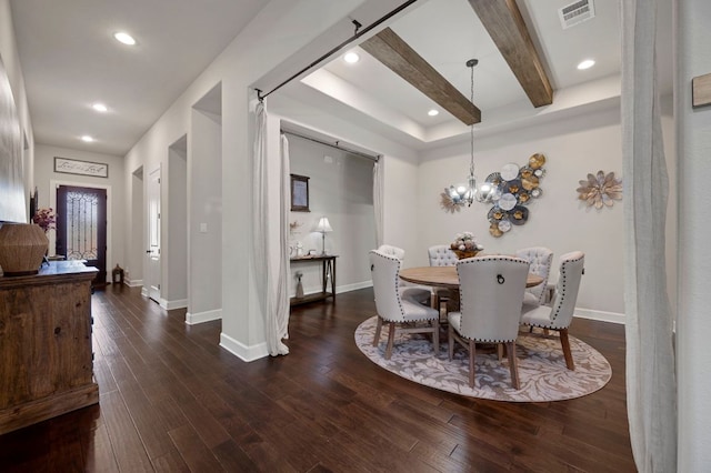 2429 Carretera Dr, Leander, TX 78641 - dining room with dark wood-type flooring, baseboards, recessed lighting, a chandelier, and beamed ceiling