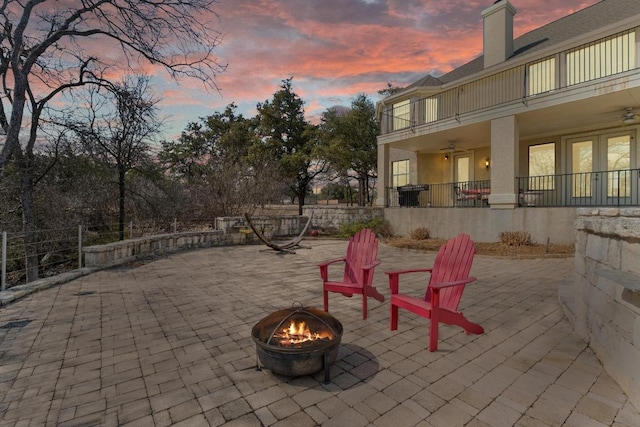 329 Park Place Dr, Georgetown, TX 78628 - view of patio / terrace with a fire pit, a balcony, and ceiling fan