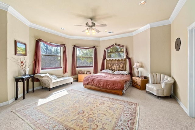329 Park Place Dr, Georgetown, TX 78628 - carpeted bedroom featuring baseboards, ornamental molding, recessed lighting, and ceiling fan
