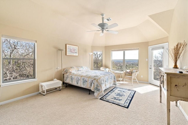 329 Park Place Dr, Georgetown, TX 78628 - carpeted bedroom with access to exterior, baseboards, ceiling fan, and lofted ceiling
