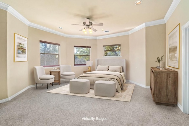 329 Park Place Dr, Georgetown, TX 78628 - bedroom featuring carpet floors, crown molding, baseboards, recessed lighting, and a ceiling fan