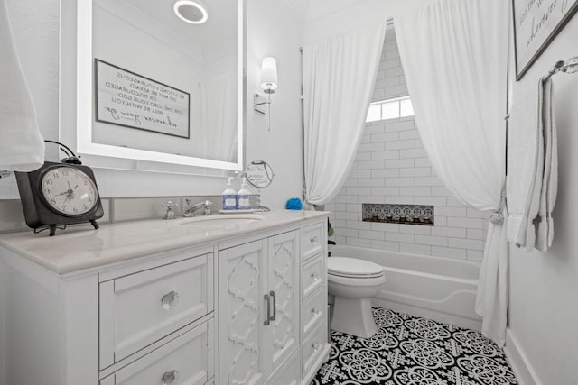 full bath with shower / bath combo, baseboards, toilet, vanity, and tile patterned floors