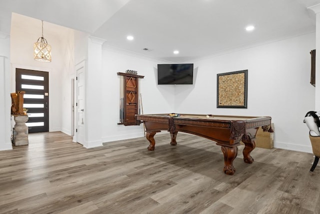 recreation room featuring crown molding, wood finished floors, billiards, and visible vents
