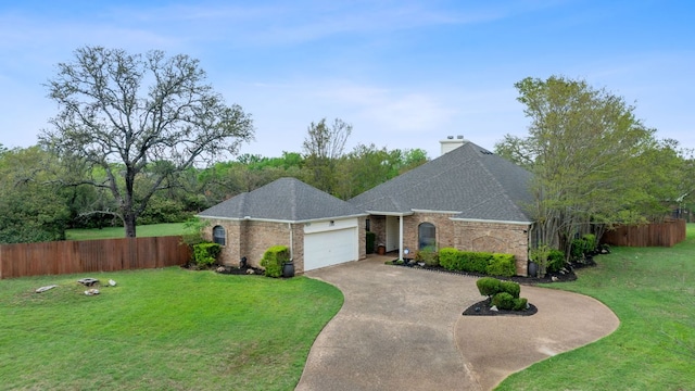3300 Lost Oasis Holw, Austin, TX 78739 - view of front of house featuring driveway, an attached garage, a shingled roof, brick siding, and a chimney