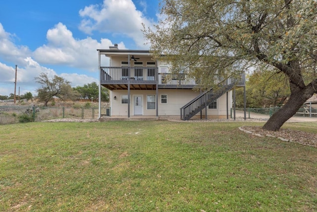 20912 High Dr, Lago Vista, TX 78645 - rear view of property featuring ceiling fan, stairway, a deck, and a patio area