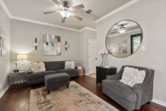 502 Explorer, Lakeway, TX 78734 - living area with a ceiling fan, wood-type flooring, baseboards, and crown molding