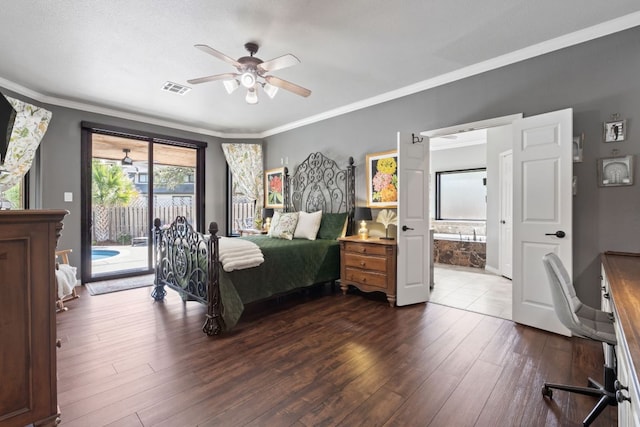 502 Explorer, Lakeway, TX 78734 - bedroom with access to outside, dark wood finished floors, crown molding, ensuite bathroom, and ceiling fan