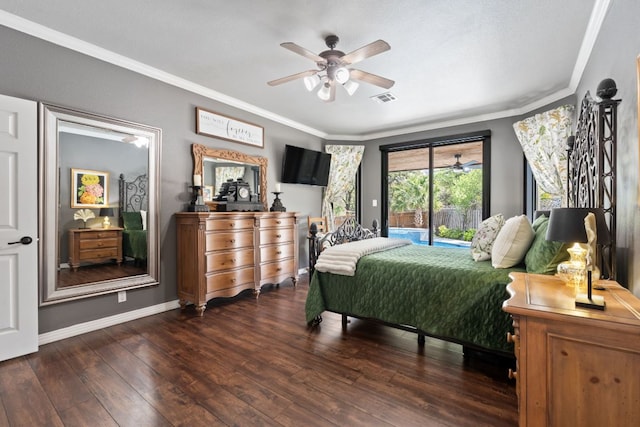 502 Explorer, Lakeway, TX 78734 - bedroom featuring access to outside, wood finished floors, ornamental molding, a ceiling fan, and baseboards