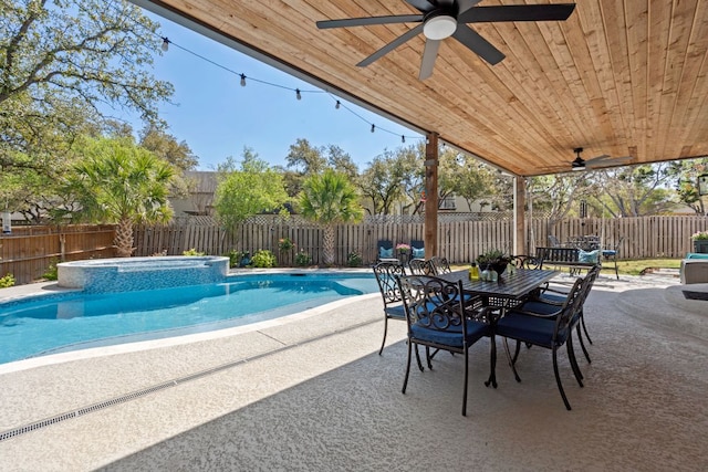 502 Explorer, Lakeway, TX 78734 - view of swimming pool with ceiling fan, a fenced backyard, a patio area, and outdoor dining space