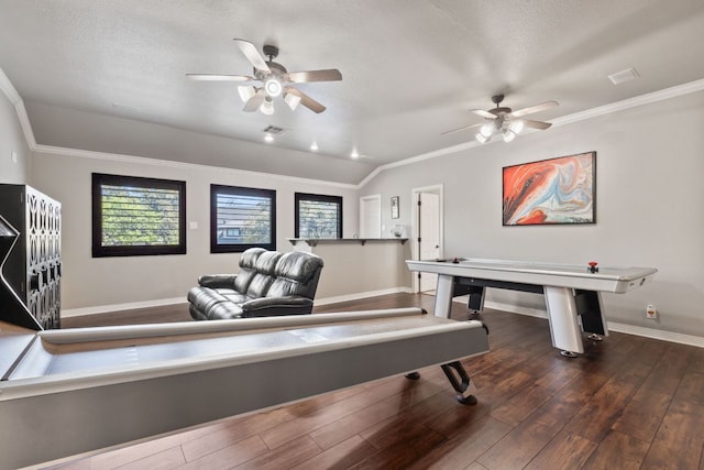502 Explorer, Lakeway, TX 78734 - playroom with a ceiling fan, baseboards, dark wood-style flooring, ornamental molding, and a textured ceiling