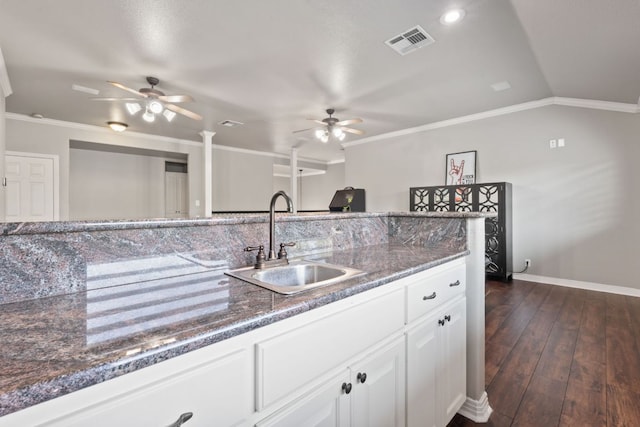 502 Explorer, Lakeway, TX 78734 - kitchen with a sink, a ceiling fan, baseboards, white cabinets, and ornamental molding