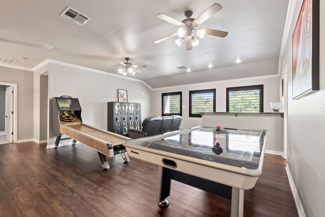 502 Explorer, Lakeway, TX 78734 - game room featuring ceiling fan, crown molding, dark wood-style flooring, and baseboards