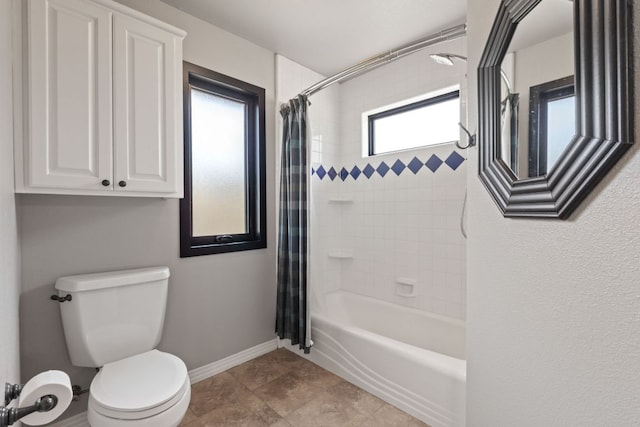 502 Explorer, Lakeway, TX 78734 - bathroom with shower / bathtub combination with curtain, toilet, baseboards, and tile patterned floors
