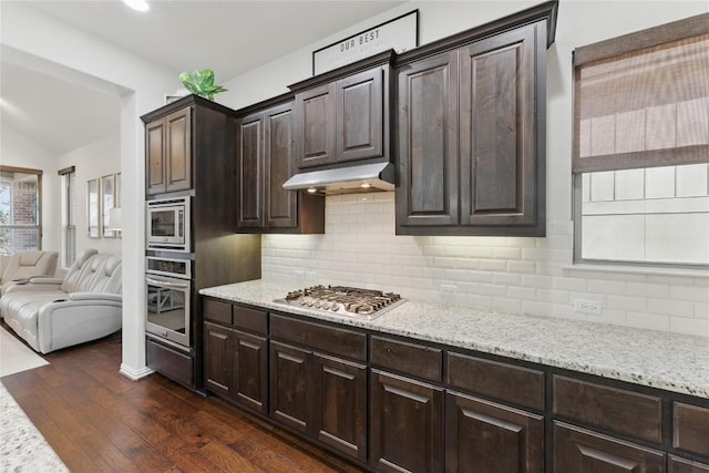22300 Verbena Pkwy, Spicewood, TX 78669 - kitchen with stainless steel appliances, vaulted ceiling, dark wood-type flooring, decorative backsplash, and dark brown cabinetry