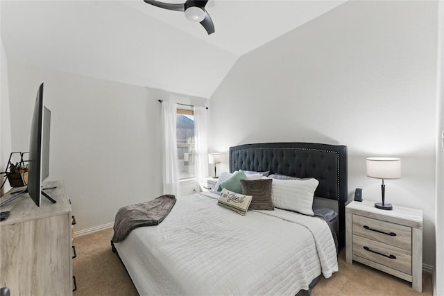 22300 Verbena Pkwy, Spicewood, TX 78669 - bedroom with light colored carpet, vaulted ceiling, and a ceiling fan