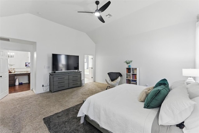 22300 Verbena Pkwy, Spicewood, TX 78669 - bedroom with vaulted ceiling, carpet, ensuite bath, and ceiling fan