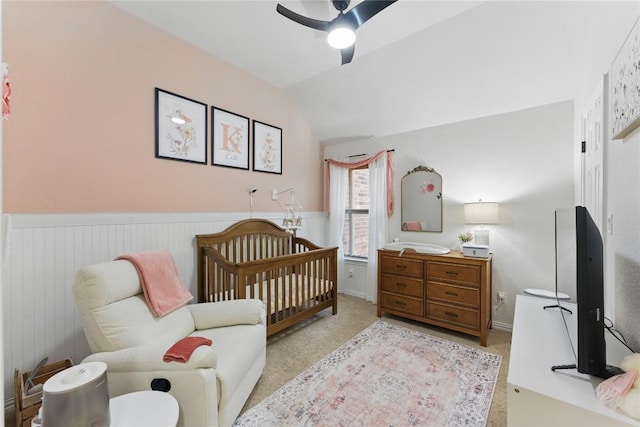22300 Verbena Pkwy, Spicewood, TX 78669 - bedroom with lofted ceiling, a ceiling fan, carpet, and a nursery area
