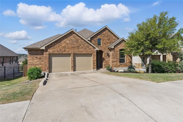 22300 Verbena Pkwy, Spicewood, TX 78669 - view of front facade with brick siding, an attached garage, and concrete driveway