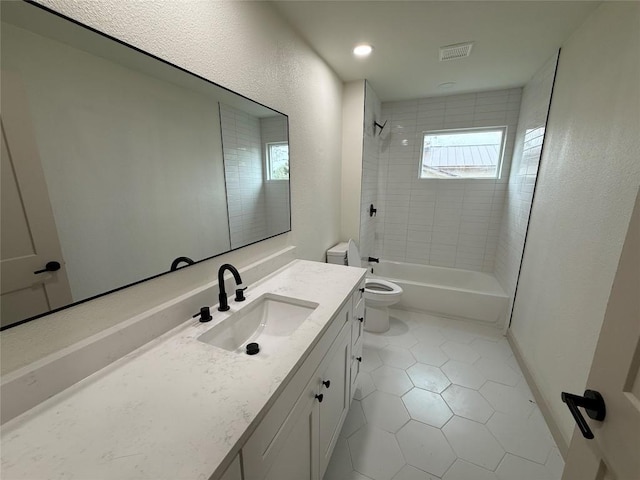 1402 Cardinal Hill Dr, Austin, TX 78758 - full bathroom with toilet, vanity, tile patterned flooring, shower / bath combination, and baseboards
