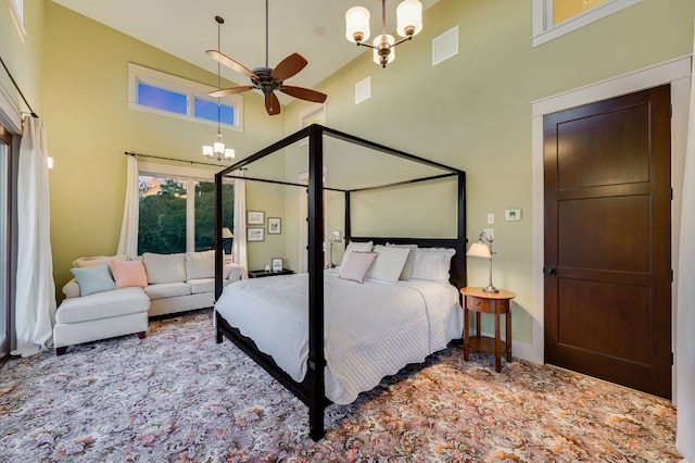8700 Crest View Rd, Austin, TX 78737 - bedroom with high vaulted ceiling and a chandelier