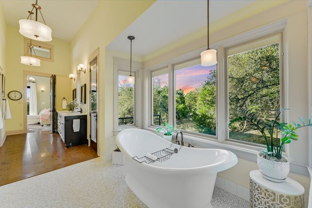 8700 Crest View Rd, Austin, TX 78737 - full bathroom with healthy amount of natural light, a freestanding tub, and vanity