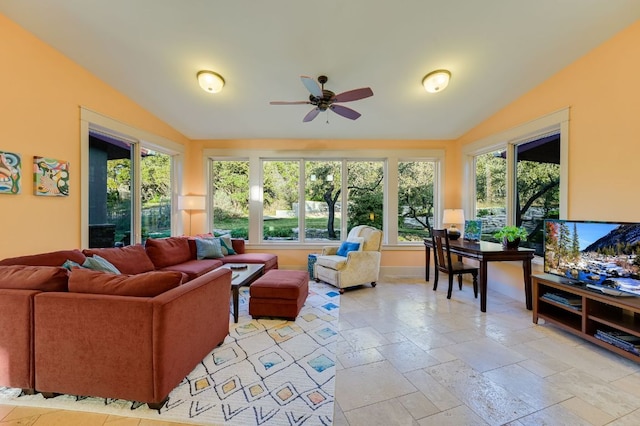 8700 Crest View Rd, Austin, TX 78737 - living room with ceiling fan, lofted ceiling, and stone tile floors