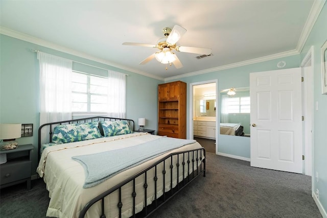 658 Golden Beach Dr, Buchanan Dam, TX 78609 - bedroom with ornamental molding, visible vents, a ceiling fan, and dark colored carpet