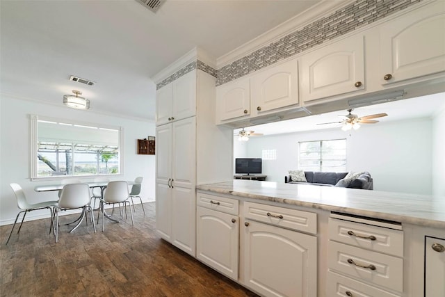 658 Golden Beach Dr, Buchanan Dam, TX 78609 - kitchen with a ceiling fan, dark wood-style floors, visible vents, white cabinets, and ornamental molding