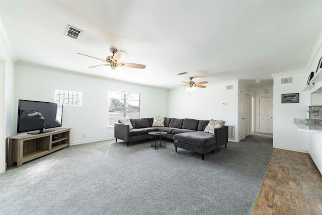 658 Golden Beach Dr, Buchanan Dam, TX 78609 - carpeted living room featuring baseboards, ceiling fan, visible vents, and ornamental molding
