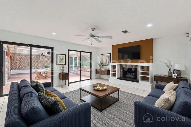 3108 Matador Dr, Austin, TX 78741 - living area featuring light tile patterned floors, a ceiling fan, recessed lighting, and visible vents