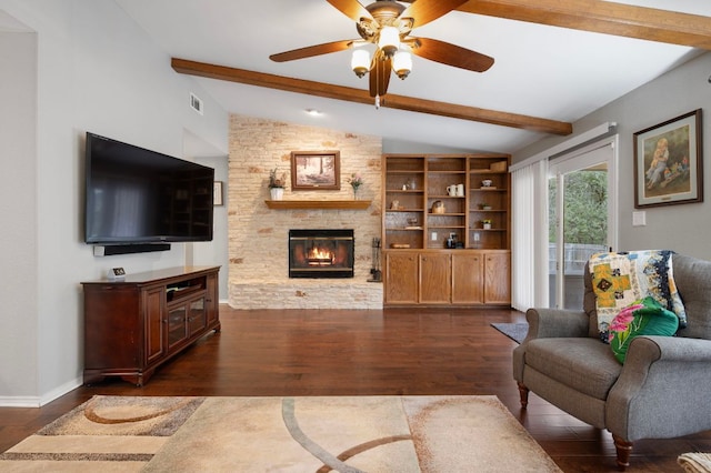 20807 Boggy Ford Rd, Lago Vista, TX 78645 - living room featuring dark wood-style floors, a ceiling fan, and a fireplace