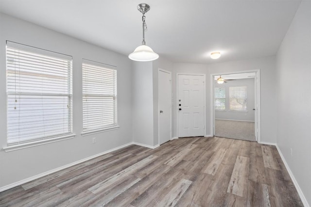 132 Grazing Horse Ln, Manchaca, TX 78652 - unfurnished dining area featuring baseboards, wood finished floors, and a ceiling fan