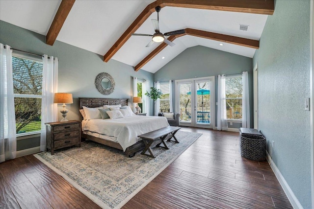 bedroom with access to outside, multiple windows, beamed ceiling, baseboards, and high vaulted ceiling