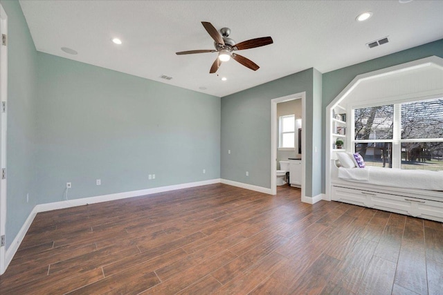 unfurnished room with wood finished floors, ceiling fan, baseboards, and recessed lighting