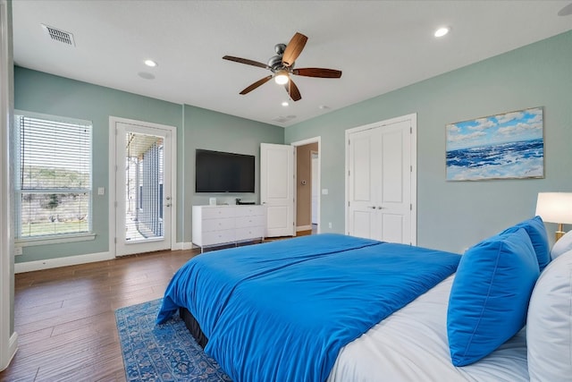 bedroom with access to outside, baseboards, wood finished floors, ceiling fan, and recessed lighting