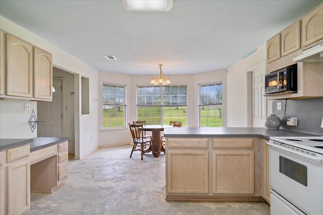 182 Lake Front Dr, Cedar Creek, TX 78612 - kitchen featuring white range with electric cooktop, black microwave, light brown cabinetry, and a chandelier