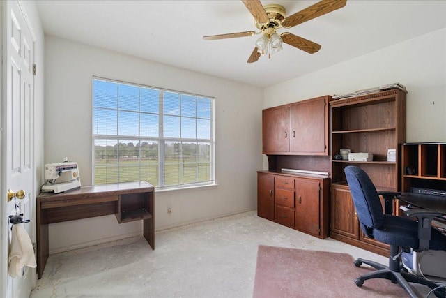 182 Lake Front Dr, Cedar Creek, TX 78612 - office area featuring ceiling fan and baseboards