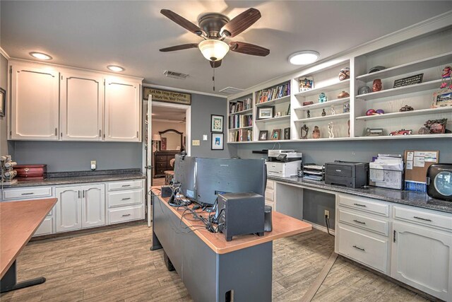 2921 Olympia Dr, Temple, TX 76502 - office area with visible vents, recessed lighting, a ceiling fan, and light wood finished floors
