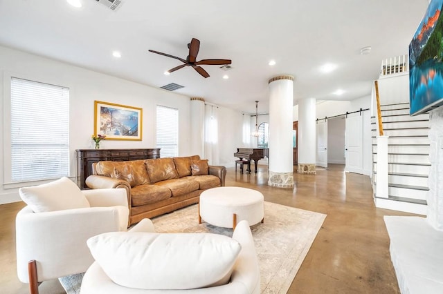 740 Nelson Ranch Rd, Cedar Park, TX 78613 - living room with a barn door, concrete floors, stairs, recessed lighting, and ceiling fan