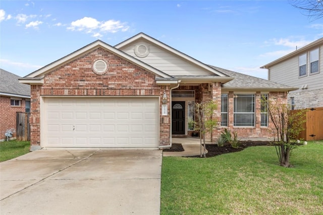 1628 Hidden Springs Path, Round Rock, TX 78665 - ranch-style home featuring brick siding, driveway, a garage, and a shingled roof