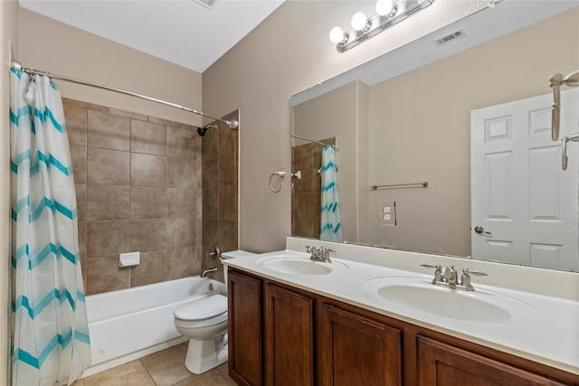 1628 Hidden Springs Path, Round Rock, TX 78665 - bathroom featuring shower / bathtub combination with curtain, double vanity, toilet, and tile patterned flooring