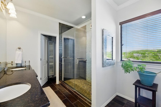 4000 Ranch Road 620 N Unit 1, Austin, TX 78734 - bathroom with a stall shower, crown molding, double vanity, and recessed lighting