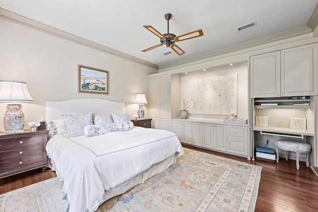 807 Terrace Mountain Dr, West Lake Hills, TX 78746 - bedroom featuring crown molding, ceiling fan, wood finished floors, and visible vents